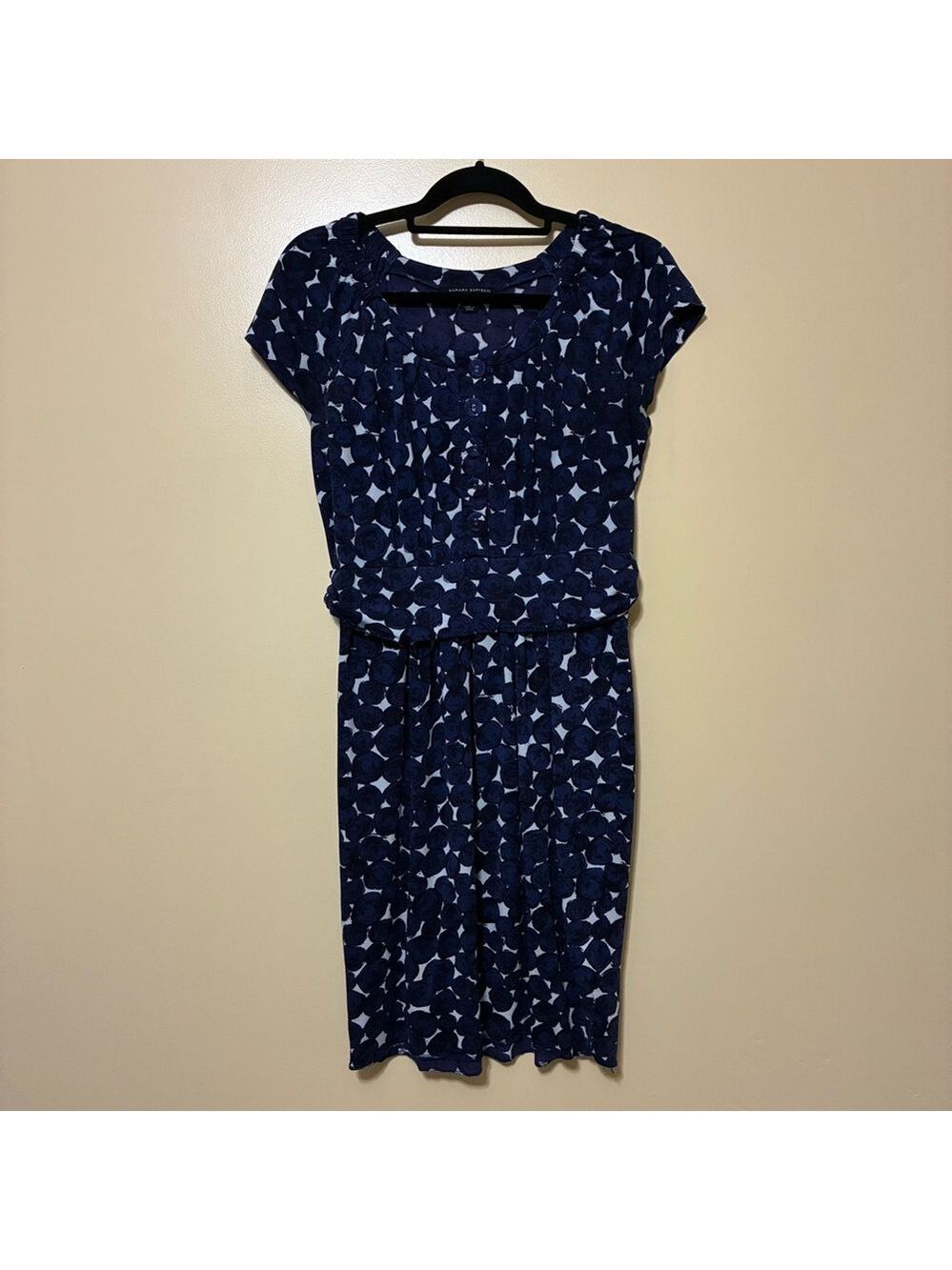 Banana Republic Silk-Cotton Blend Fit & Flare Dress Women’s L Navy Patterned